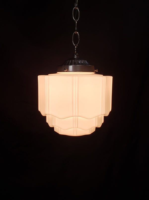 Art Deco Milk White Pendant Light w/ Scalloped Tiers & Ribbed Accents GS00441