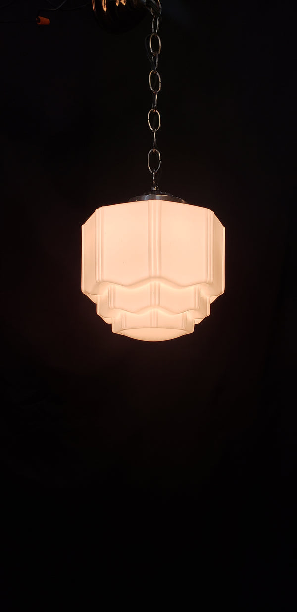 Art Deco Milk White Pendant Light w/ Scalloped Tiers & Ribbed Accents GS00441