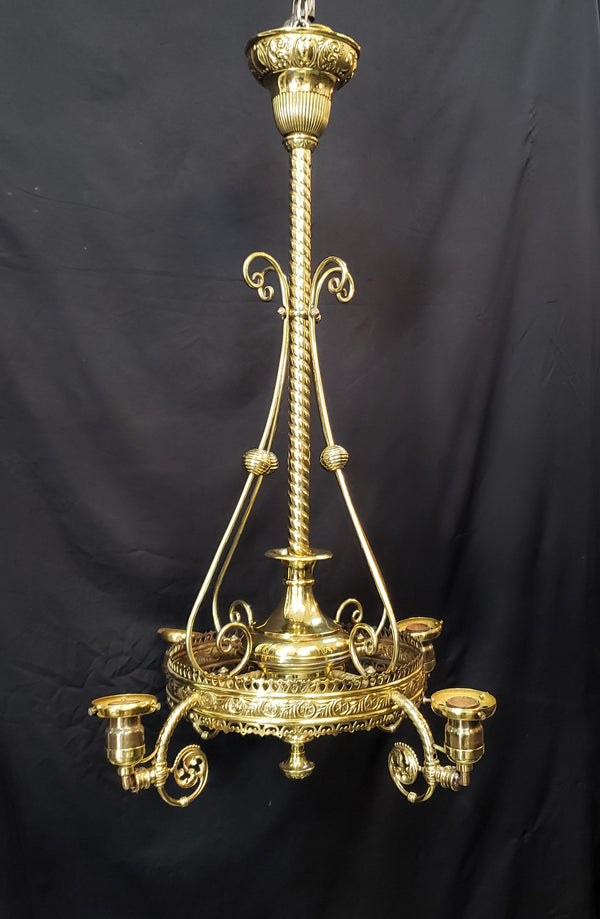 Restored Converted Gas to Electric 4 Light Brass Flush Mount Chandelier GS00447