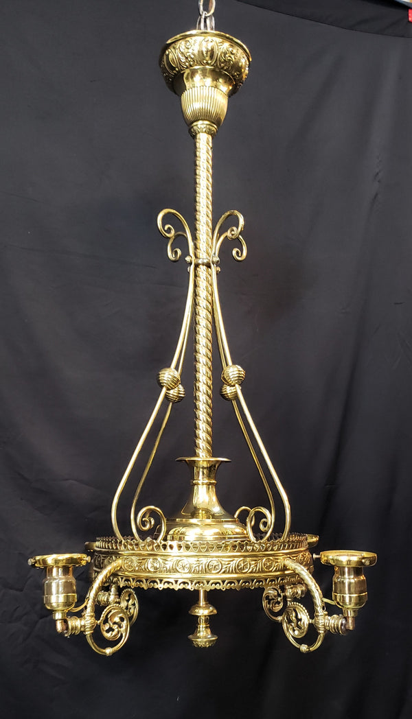 Restored Converted Gas to Electric 4 Light Brass Flush Mount Chandelier GS00447