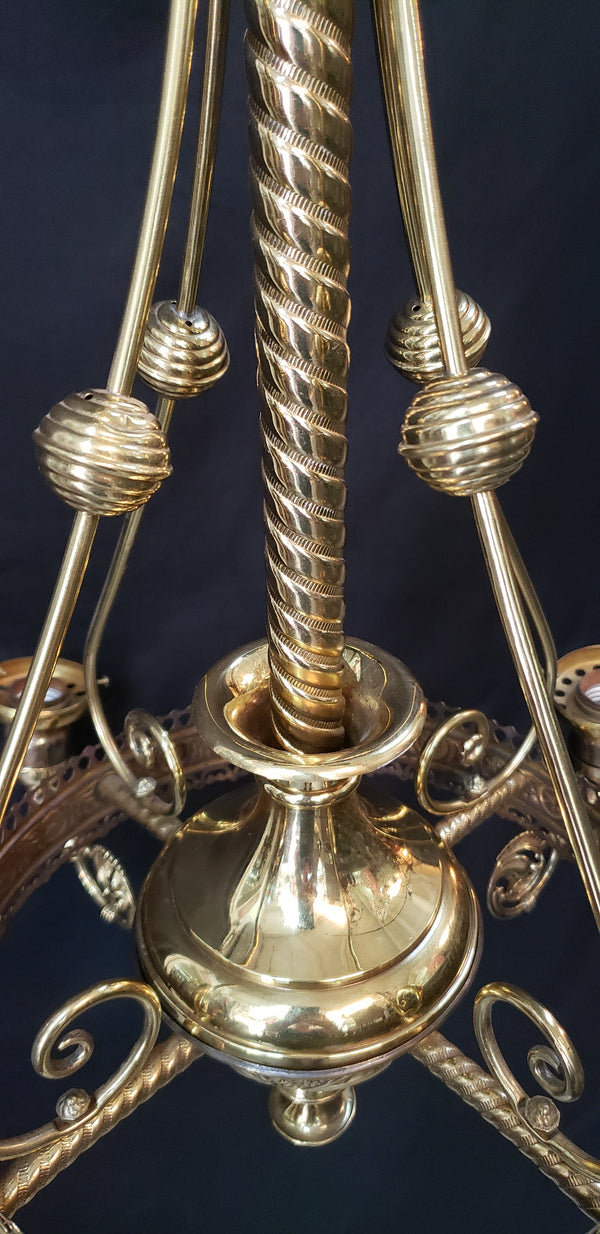 Restored Converted Gas to Electric 4 Light Brass Flush Mount Chandelier GS00447