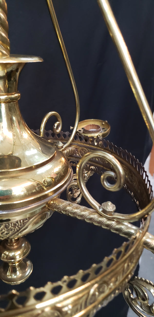 Restored Converted Gas to Electric 4 Light Brass Flush Mount Chandelier GS00447