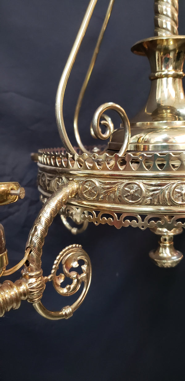 Restored Converted Gas to Electric 4 Light Brass Flush Mount Chandelier GS00447