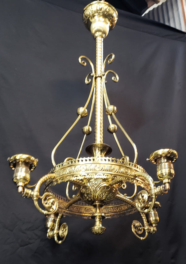 Restored Converted Gas to Electric 4 Light Brass Flush Mount Chandelier GS00447