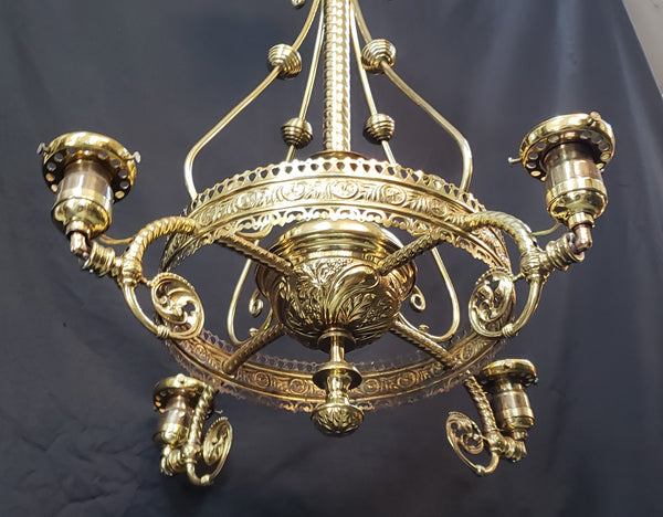Restored Converted Gas to Electric 4 Light Brass Flush Mount Chandelier GS00447