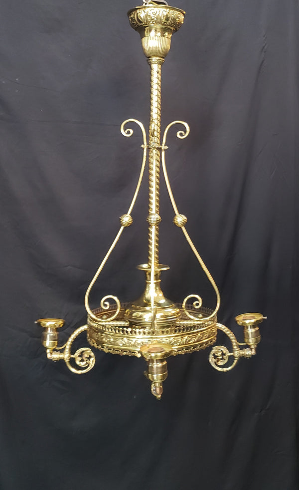 Restored Converted Gas to Electric 4 Light Brass Flush Mount Chandelier GS00447