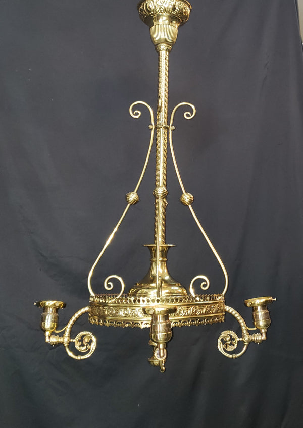 Restored Converted Gas to Electric 4 Light Brass Flush Mount Chandelier GS00447