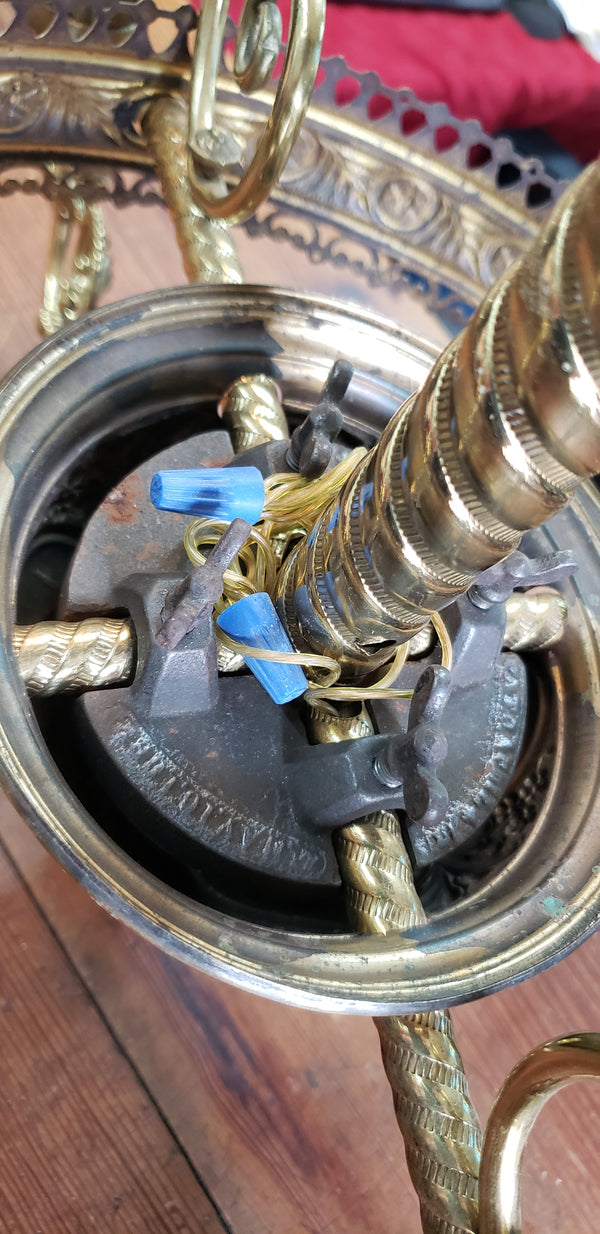 Restored Converted Gas to Electric 4 Light Brass Flush Mount Chandelier GS00447