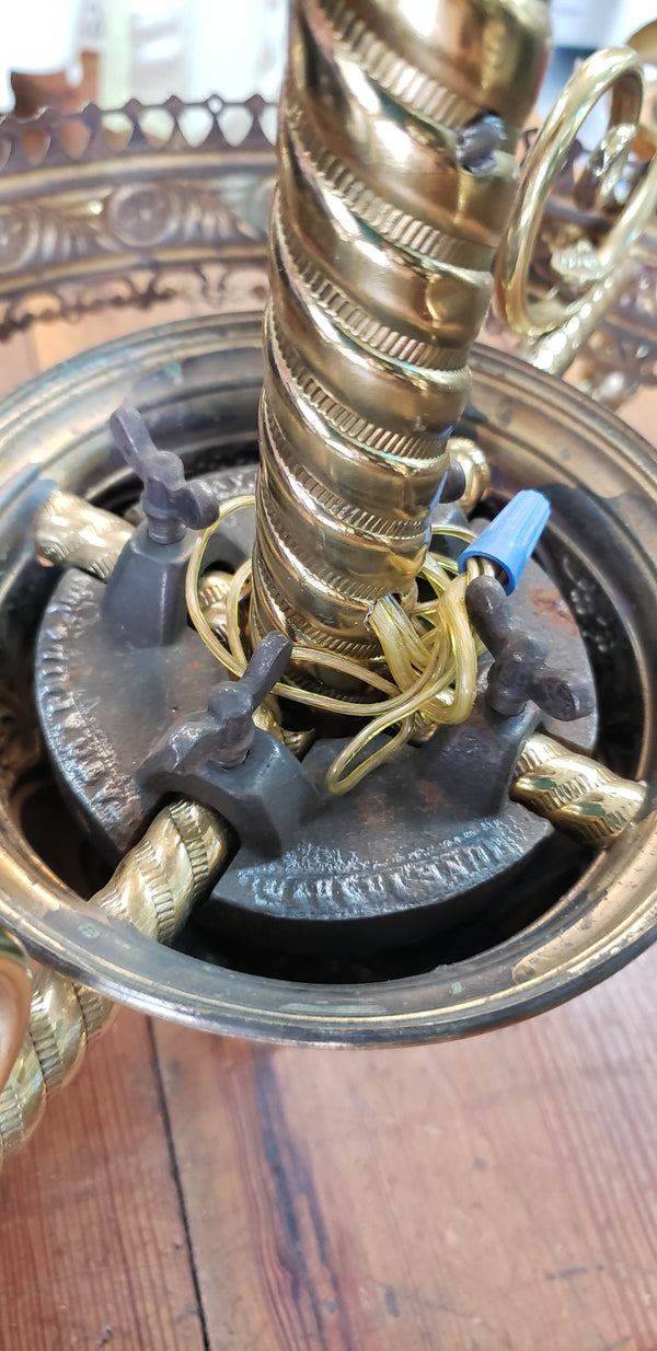 Restored Converted Gas to Electric 4 Light Brass Flush Mount Chandelier GS00447