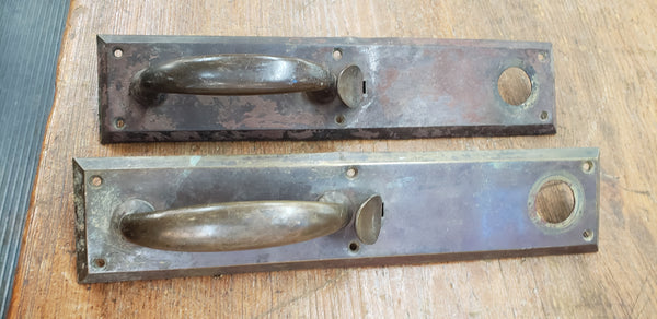 Pair of Large Brass Door Backplates with Thumb Latch & Curved Handles G00448