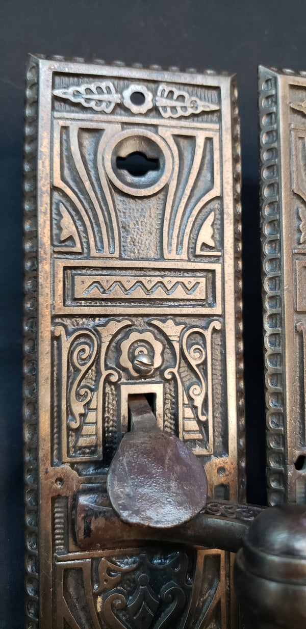 Restored Victorian Eastlake Door Handles w/ Backplates & Thumb Latch GS00459