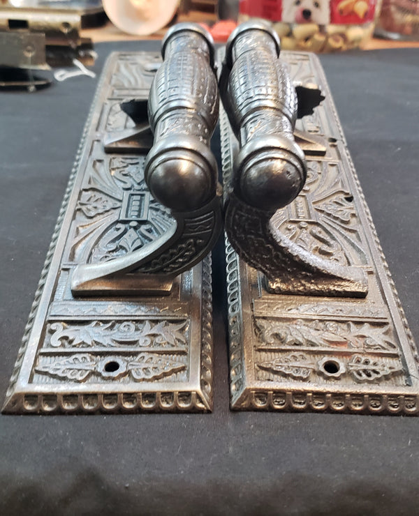Restored Victorian Eastlake Door Handles w/ Backplates & Thumb Latch GS00459