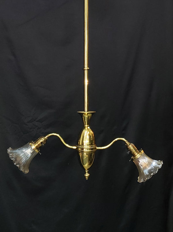 Two Light Flush Mount Rod Chandelier w/ Ruffled Ribbed Shades 38" x 26" GS00462