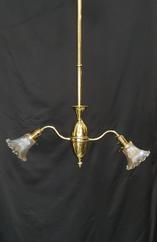 Two Light Flush Mount Rod Chandelier w/ Ruffled Ribbed Shades 38" x 26" GS00462