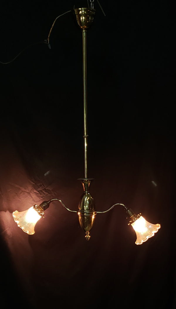 Two Light Flush Mount Rod Chandelier w/ Ruffled Ribbed Shades 38" x 26" GS00462
