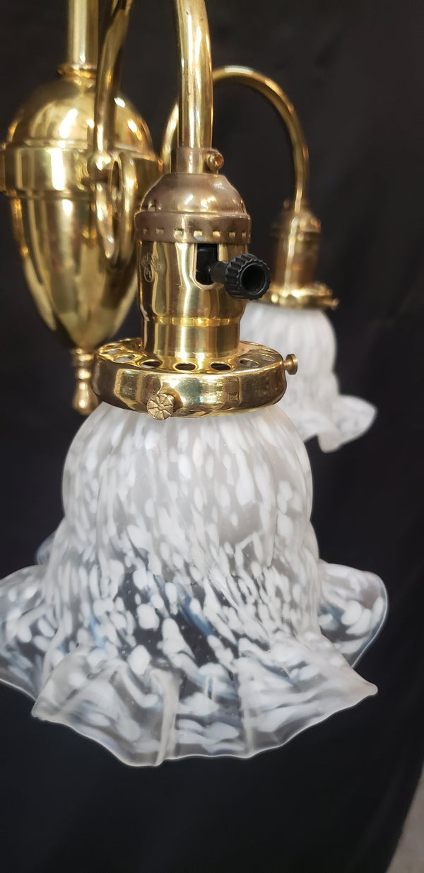 3 Light Flush Mount Rod Chandelier w/ Ruffled Art Glass Shades 43" x 18" GS00463