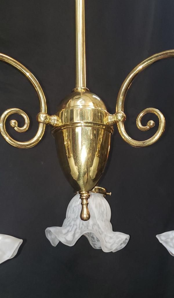 3 Light Flush Mount Rod Chandelier w/ Ruffled Art Glass Shades 43" x 18" GS00463