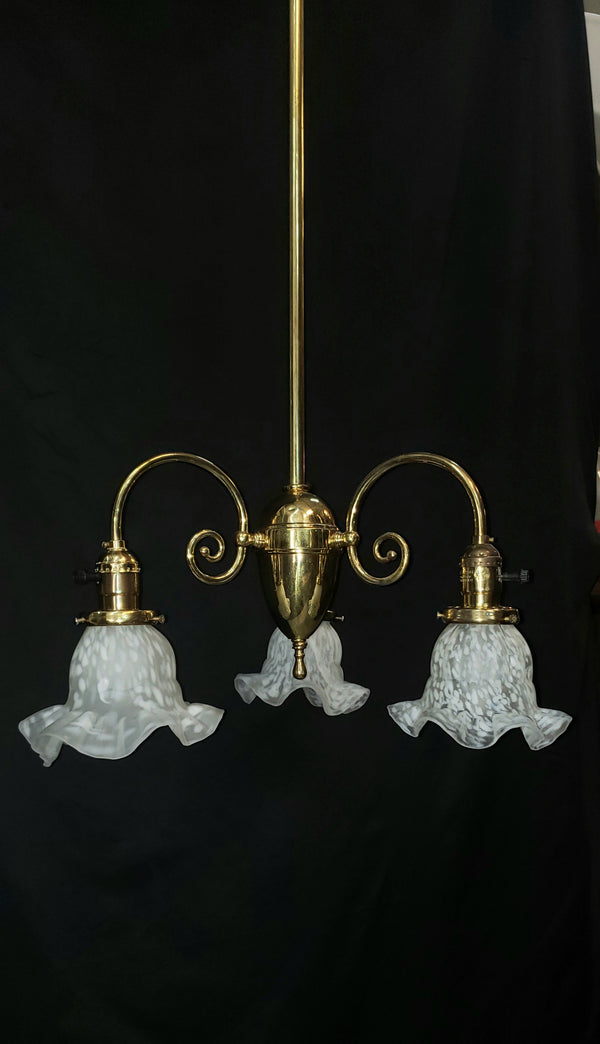 3 Light Flush Mount Rod Chandelier w/ Ruffled Art Glass Shades 43" x 18" GS00463