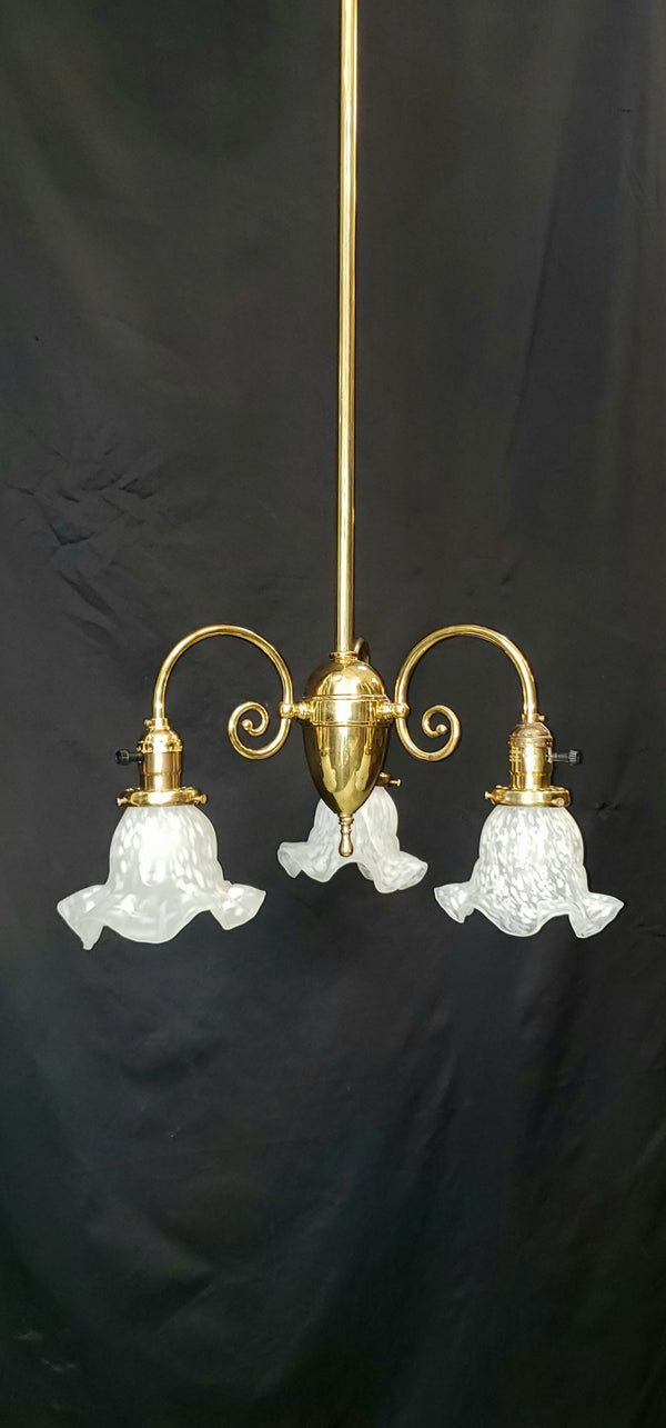 3 Light Flush Mount Rod Chandelier w/ Ruffled Art Glass Shades 43" x 18" GS00463