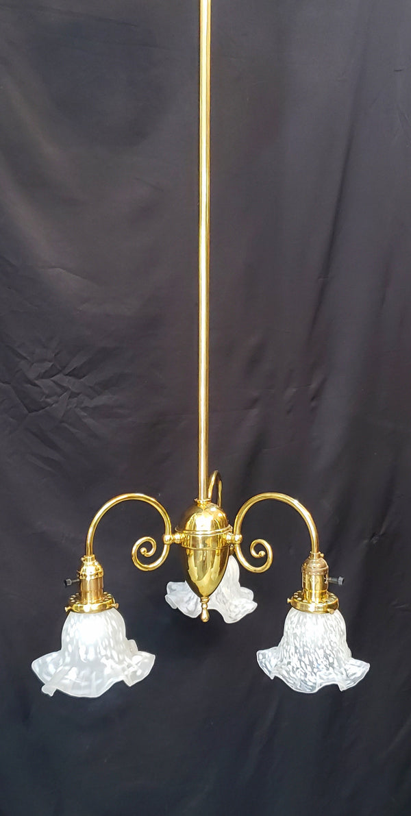 3 Light Flush Mount Rod Chandelier w/ Ruffled Art Glass Shades 43" x 18" GS00463