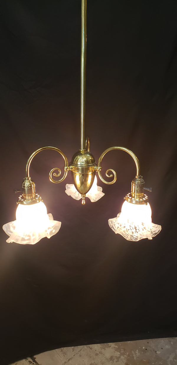 3 Light Flush Mount Rod Chandelier w/ Ruffled Art Glass Shades 43" x 18" GS00463