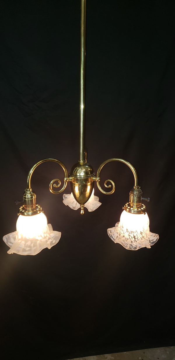 3 Light Flush Mount Rod Chandelier w/ Ruffled Art Glass Shades 43" x 18" GS00463