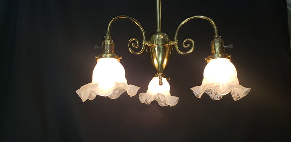 3 Light Flush Mount Rod Chandelier w/ Ruffled Art Glass Shades 43" x 18" GS00463