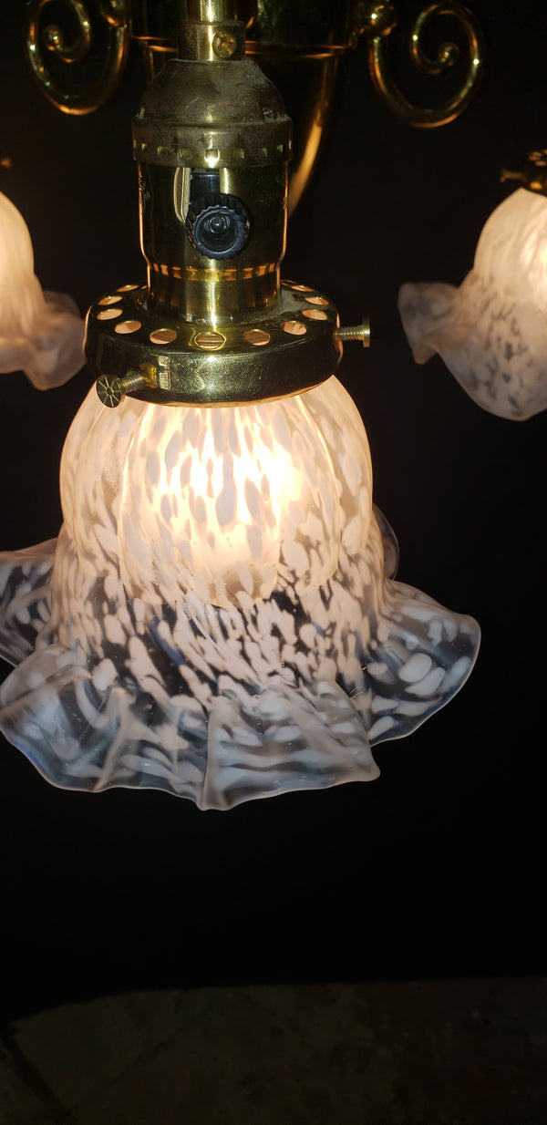3 Light Flush Mount Rod Chandelier w/ Ruffled Art Glass Shades 43" x 18" GS00463