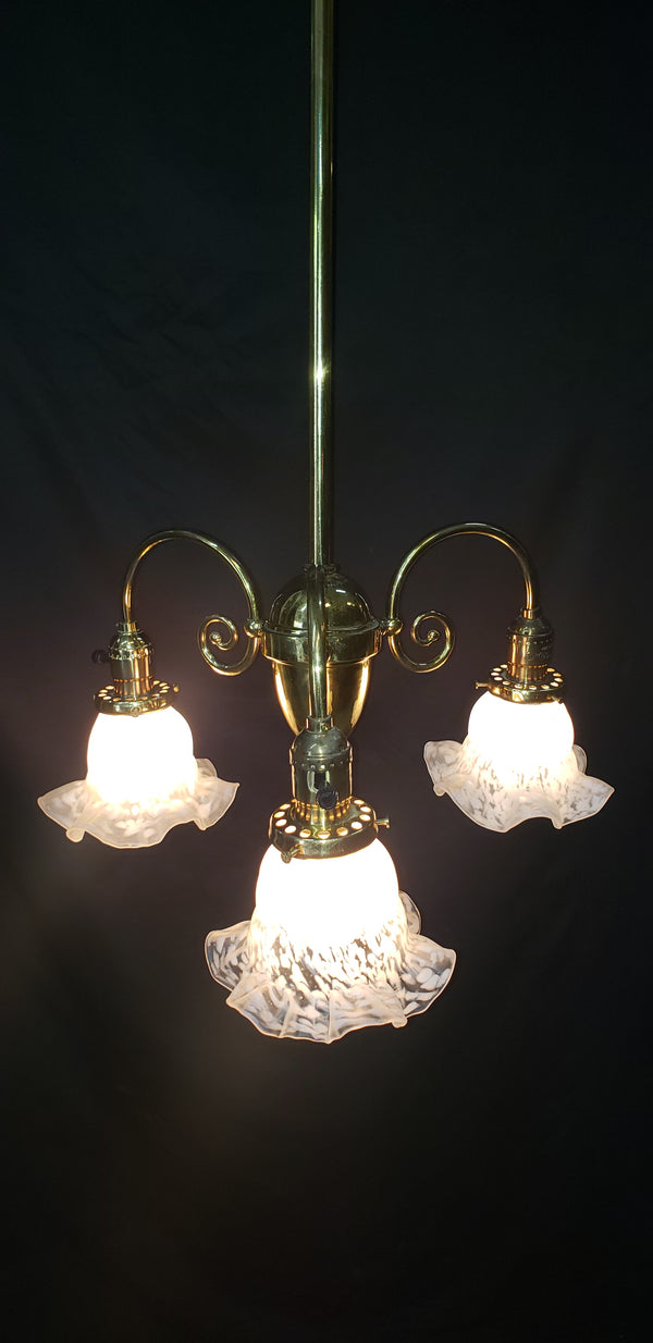 3 Light Flush Mount Rod Chandelier w/ Ruffled Art Glass Shades 43" x 18" GS00463