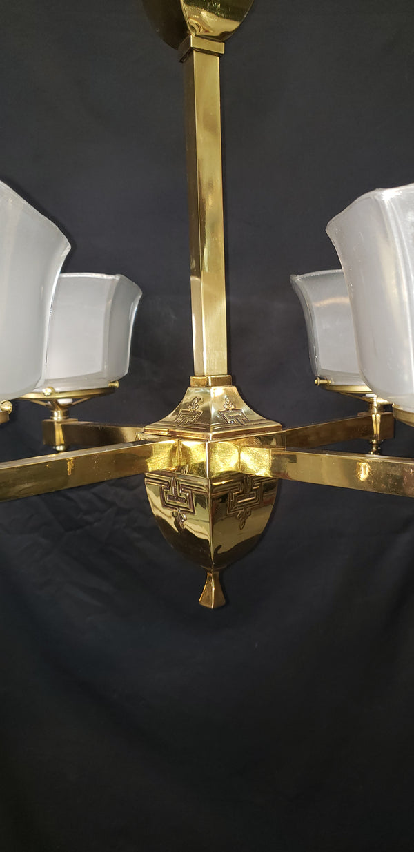 4 Light Flush Mount Brass Chandelier  w/ Square Opaque Shades 25" x 19" GS00465