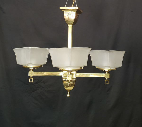4 Light Flush Mount Brass Chandelier  w/ Square Opaque Shades 25" x 19" GS00465