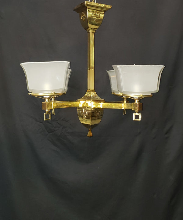 4 Light Flush Mount Brass Chandelier  w/ Square Opaque Shades 25" x 19" GS00465