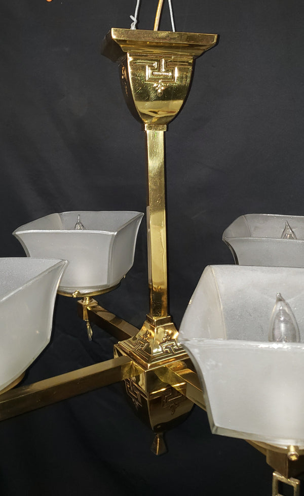 4 Light Flush Mount Brass Chandelier  w/ Square Opaque Shades 25" x 19" GS00465