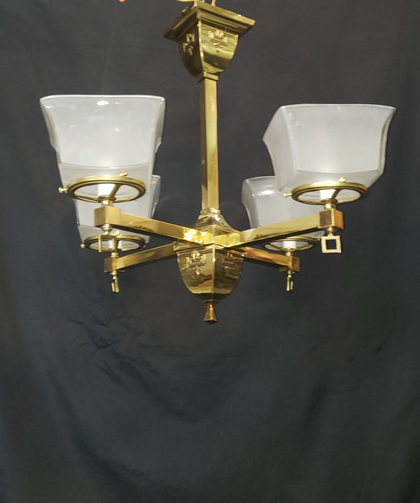 4 Light Flush Mount Brass Chandelier  w/ Square Opaque Shades 25" x 19" GS00465