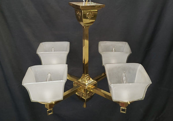 4 Light Flush Mount Brass Chandelier  w/ Square Opaque Shades 25" x 19" GS00465