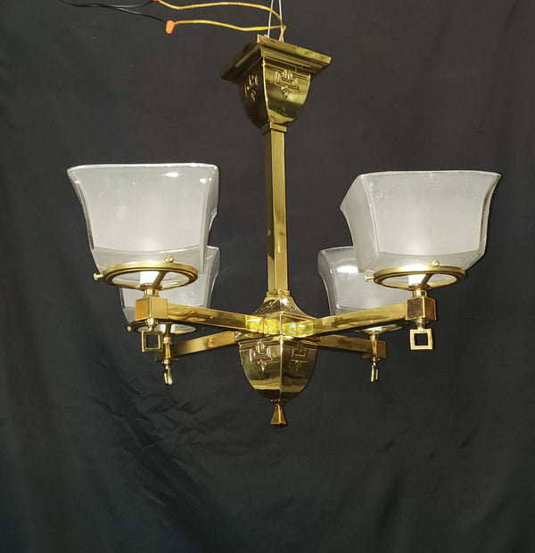4 Light Flush Mount Brass Chandelier  w/ Square Opaque Shades 25" x 19" GS00465