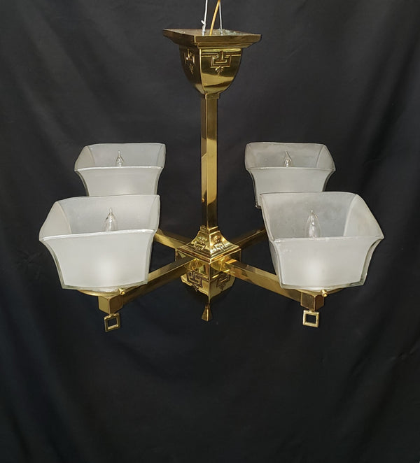 4 Light Flush Mount Brass Chandelier  w/ Square Opaque Shades 25" x 19" GS00465