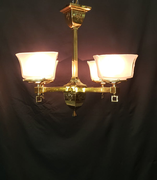 4 Light Flush Mount Brass Chandelier  w/ Square Opaque Shades 25" x 19" GS00465