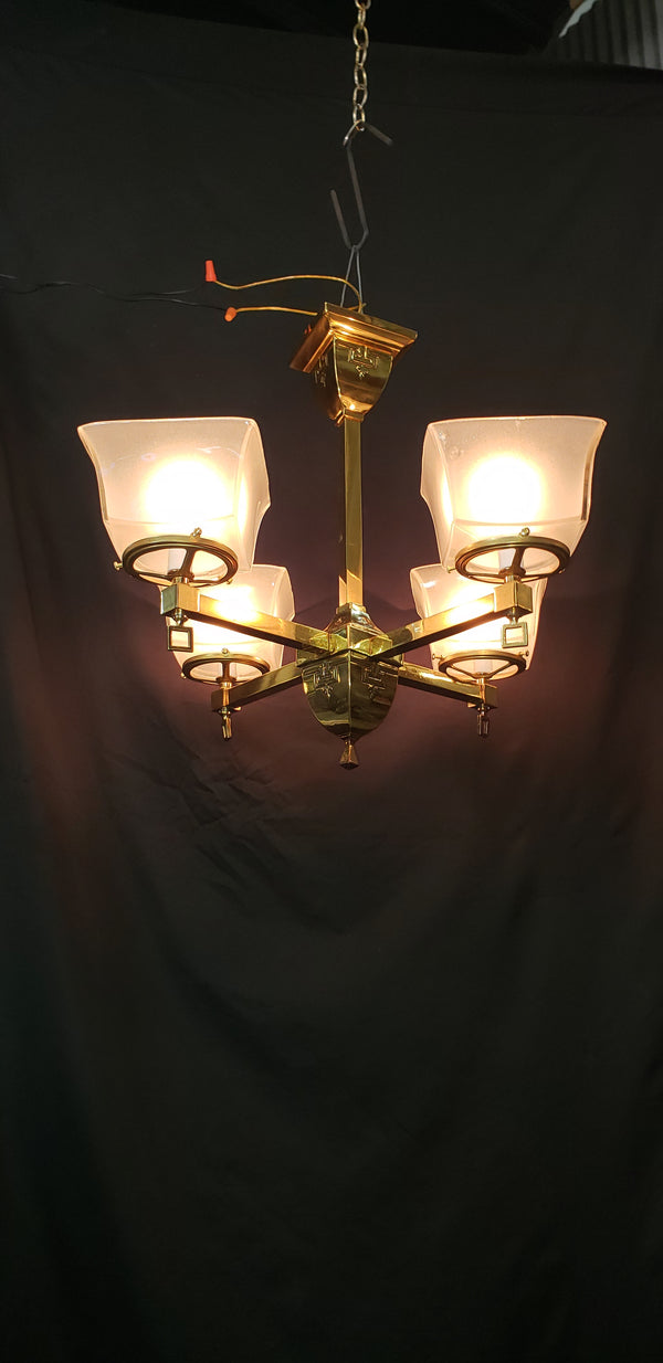 4 Light Flush Mount Brass Chandelier  w/ Square Opaque Shades 25" x 19" GS00465