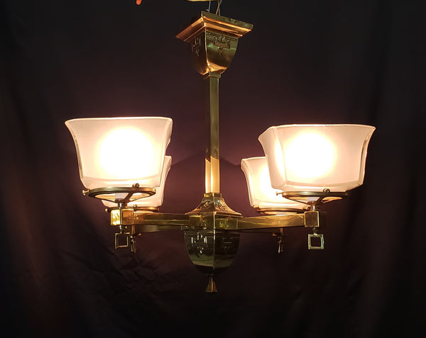 4 Light Flush Mount Brass Chandelier  w/ Square Opaque Shades 25" x 19" GS00465