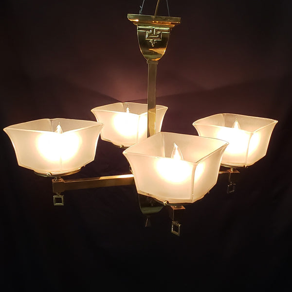 4 Light Flush Mount Brass Chandelier  w/ Square Opaque Shades 25" x 19" GS00465