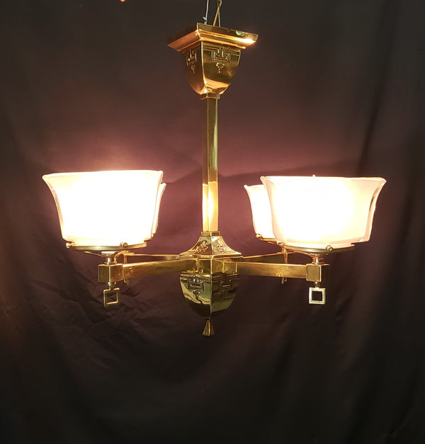4 Light Flush Mount Brass Chandelier  w/ Square Opaque Shades 25" x 19" GS00465