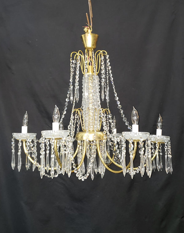Restored 6 Light Mid Century Modern Crystal Swag Chandelier  28" x 25" GS00470