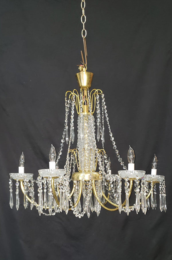 Restored 6 Light Mid Century Modern Crystal Swag Chandelier  28" x 25" GS00470