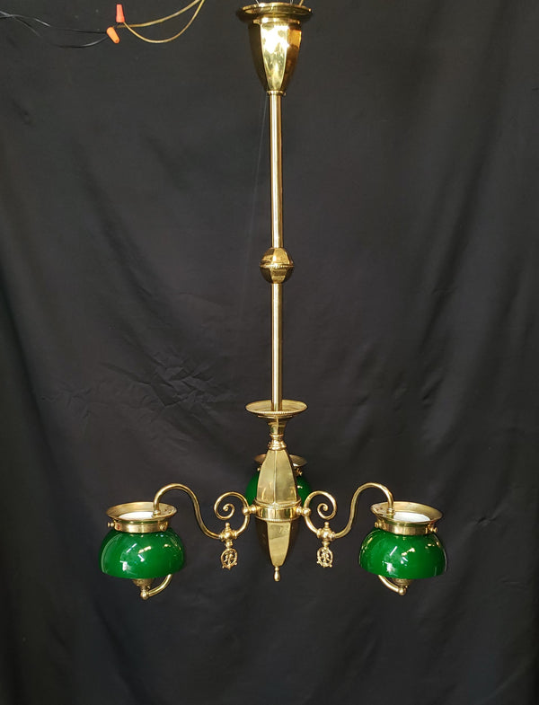 Restored & Converted Gas to Electric 3 Light Flush Mount Brass Chandelier w/ Green Cased White Shades GS00473