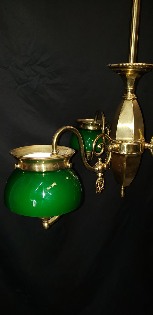 Restored & Converted Gas to Electric 3 Light Flush Mount Brass Chandelier w/ Green Cased White Shades GS00473
