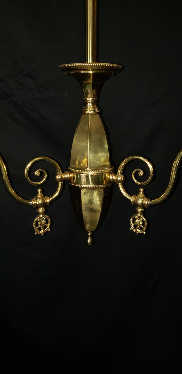Restored & Converted Gas to Electric 3 Light Flush Mount Brass Chandelier w/ Green Cased White Shades GS00473