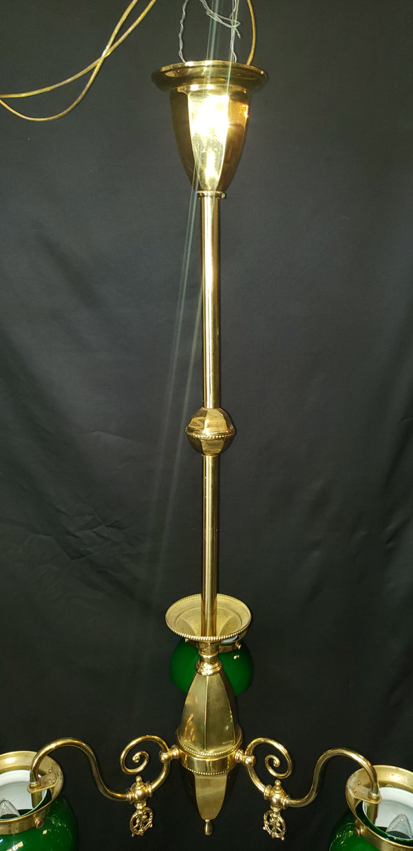 Restored & Converted Gas to Electric 3 Light Flush Mount Brass Chandelier w/ Green Cased White Shades GS00473