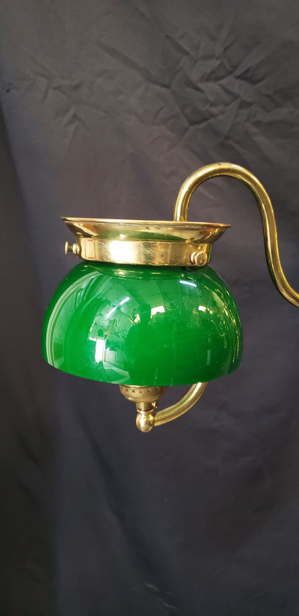 Restored & Converted Gas to Electric 3 Light Flush Mount Brass Chandelier w/ Green Cased White Shades GS00473
