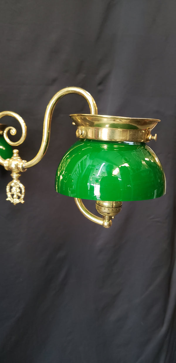 Restored & Converted Gas to Electric 3 Light Flush Mount Brass Chandelier w/ Green Cased White Shades GS00473